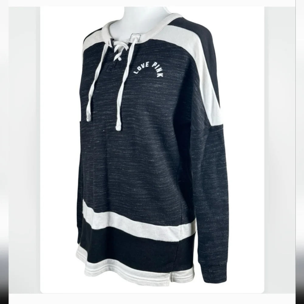 PINK Sweatshirt black and white with drawstring Size Medium - Picture 3 of 4